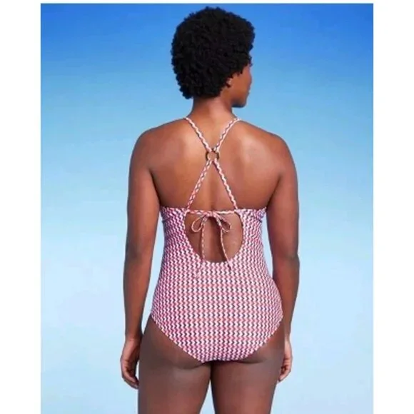 Women's Kona Sol Red Blue Chevron Print One Piece Swimsuit Size 17 NWT - Picture 2 of 7